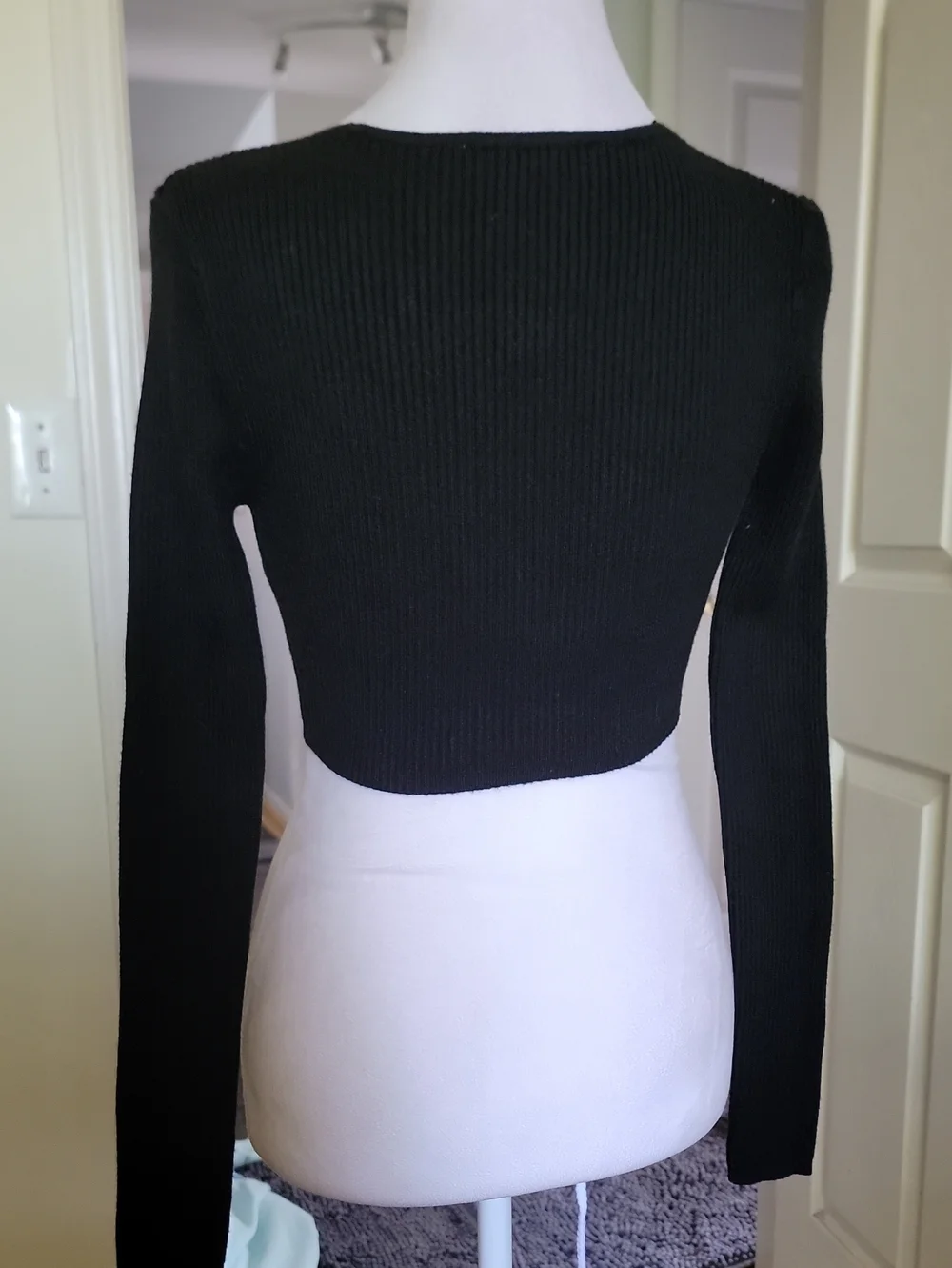 Zara Black Ribbed Tie-Front Long Sleeve Crop Top